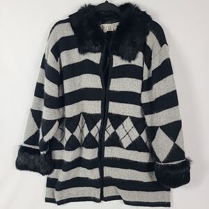 Vintage Shannan Black Grey Angora Fur Collar Wool Blend Beaded Sweater Sz L